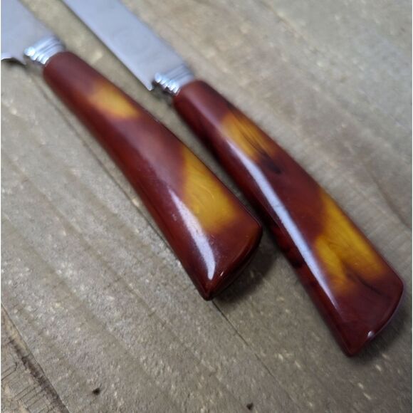 Vintage Glo-Hill Bakelite Knife Set – Brown & Amber Handles – 13” & 14” - Picture 5 of 8